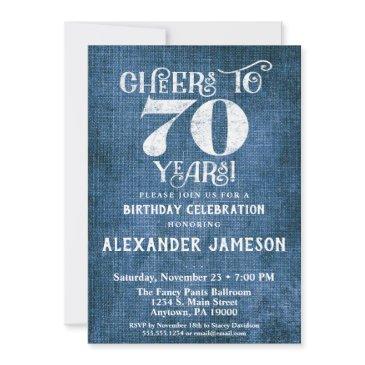 70th birthday invitation blue linen rustic cheers