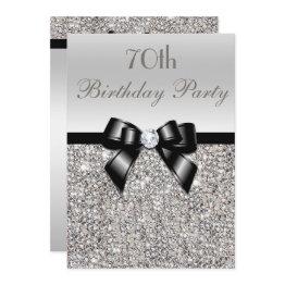 Small 70th Birthday Party Silver Sequins Black Bow Invitation Front View