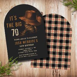 Small 70th Birthday Rustic Cowboy Hat And Leather Boots Invitation Front View