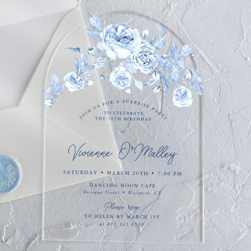 70th birthday surprise party blue floral arch acrylic invitations