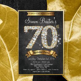 Small 70th Gold Diamond Chalkboard Birthday Invitation Front View