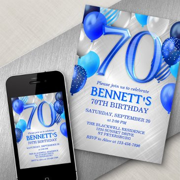 70th mens blue birthday invitation