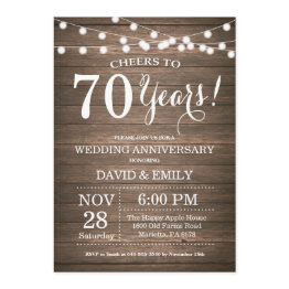 Small 70th Wedding Anniversary Invitation Rustic Wood Front View