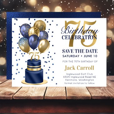 75th birthday navy blue balloon cake save the date
