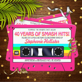 Small 80's Retro Pink Neon Label Cassette Birthday Party Invitation Front View