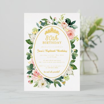 80th birthday gold pink butterfly floral foil invitation