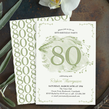 80th birthday green dainty wildflower number 80 invitation