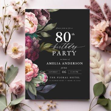80th birthday modern moody burgundy blush floral invitation