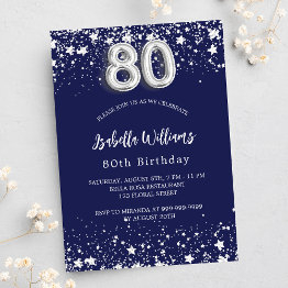 Small 80th Birthday Navy Blue Silver Stars Luxury Invitation Front View