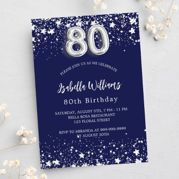 80th birthday navy blue silver stars luxury invitation