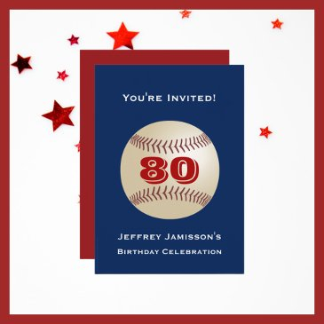 80th birthday party, name, baseball blue and red invitation