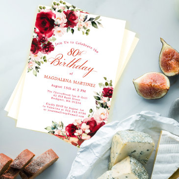 80th birthday red rose pink peony floral invitation