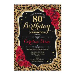 Small 80th Birthday - Red Roses Leopard Print Invitation Front View