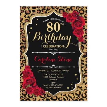 80th birthday - red roses leopard print invitation