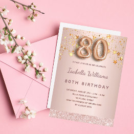 Small 80th Birthday Rose Gold Blush Stars Invitation Front View