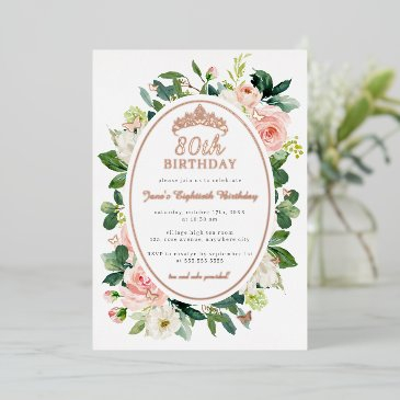 80th birthday rose gold pink butterfly floral foil invitation