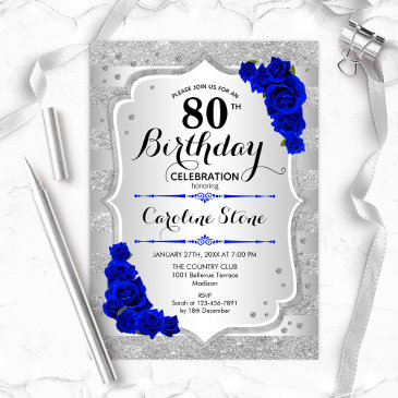 80th birthday - silver stripes royal blue roses invitation