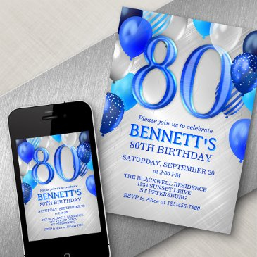 80th mens blue birthday invitation