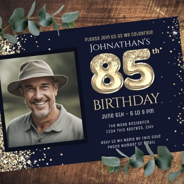 85th birthday party gold glitter blue photo invitation