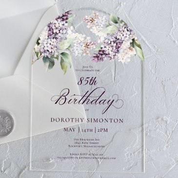 85th birthday purple spring lilac flower arch acrylic invitations