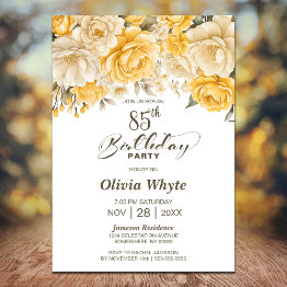 Small 85th Birthday Yellow Rose Floral Party Invitation Front View