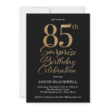 85th surprise birthday party black & gold invitation