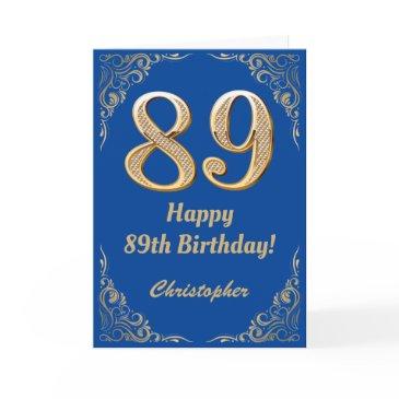 89th birthday blue and gold glitter frame invitations
