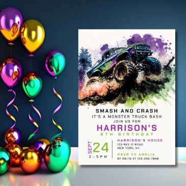 8th birthday monster truck smash crash boy boy invitation