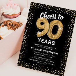 Small 90th Birthday Black Gold Invitation Front View