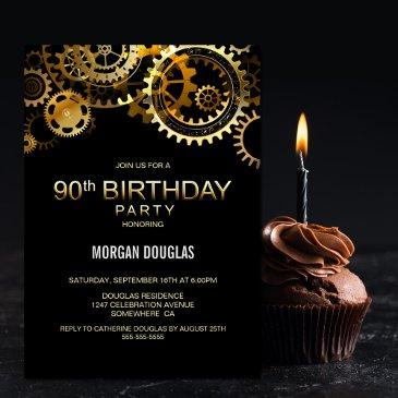 90th birthday black gold steampunk watch gears invitation