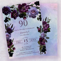 Small 90th Birthday Moody Purple Gothic Flower Invitation Front View