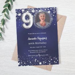 Small 90th Birthday Navy Blue Silver Stars Photo Luxury Invitation Front View