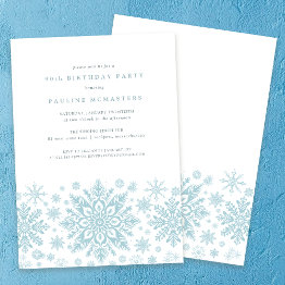Small 90th Birthday Party Blue White Snowflake Winter Invitation Front View