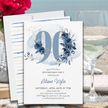 90th birthday party coastal blue floral number 90 invitation