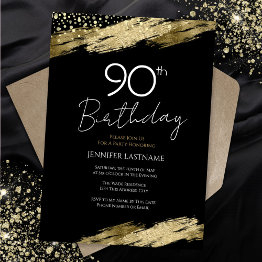Small 90th Birthday Party Gold Black Invitation Front View