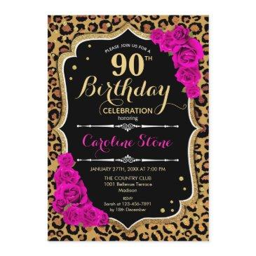 90th birthday - pink roses leopard print invitation