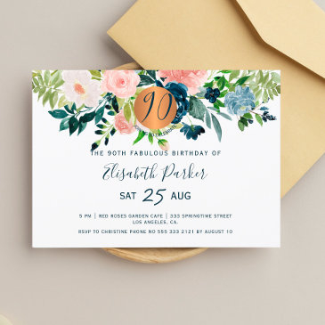 90th modern navy floral watercolor birthday party invitation