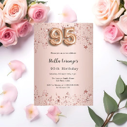 Small 95th Birthday Rose Gold Pink Stars Invitation Front View