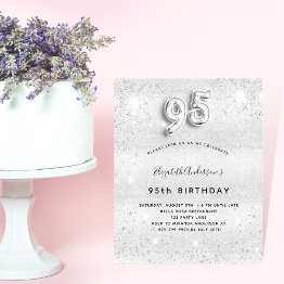 Small 95th Birthday Silver Glitter Budget Invitation Flyer Front View