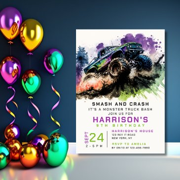 9th birthday monster truck smash crash boy kids invitation