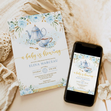a baby is brewing blue gold flower baby shower tea invitation