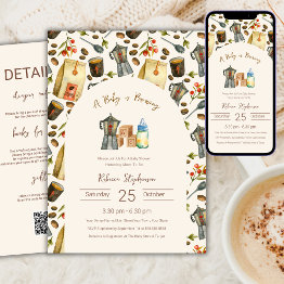 Small A Baby Is Brewing Coffee Baby Shower Qr Code Invitation Front View