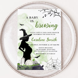 Small A Baby Is Brewing Green Witch Baby Shower Invitation Front View
