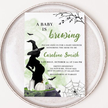 a baby is brewing green witch baby shower invitation