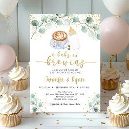 Small A Baby Is Brewing Greenery Coffee Baby Shower Invitation Front View