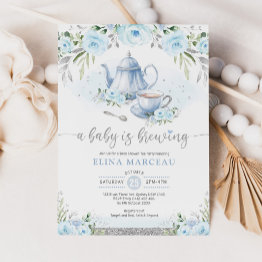 Small A Baby Is Brewing Silver Blue Floral Tea Party Invitation Front View