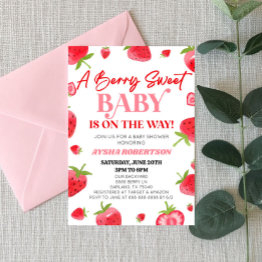 Small A Berry Sweet Baby Strawberry Pink Red Baby Shower Invitation Front View