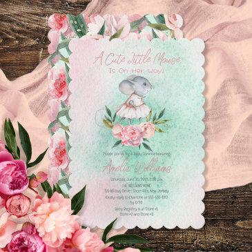 a cute little mouse is on her way girl baby shower invitation