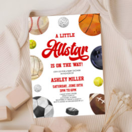 Small A Little Allstar Is On The Way! Sports Baby Shower Invitation Front View