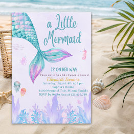 Small A Little Mermaid Is On Her Way Girl Baby Shower Invitation Front View
